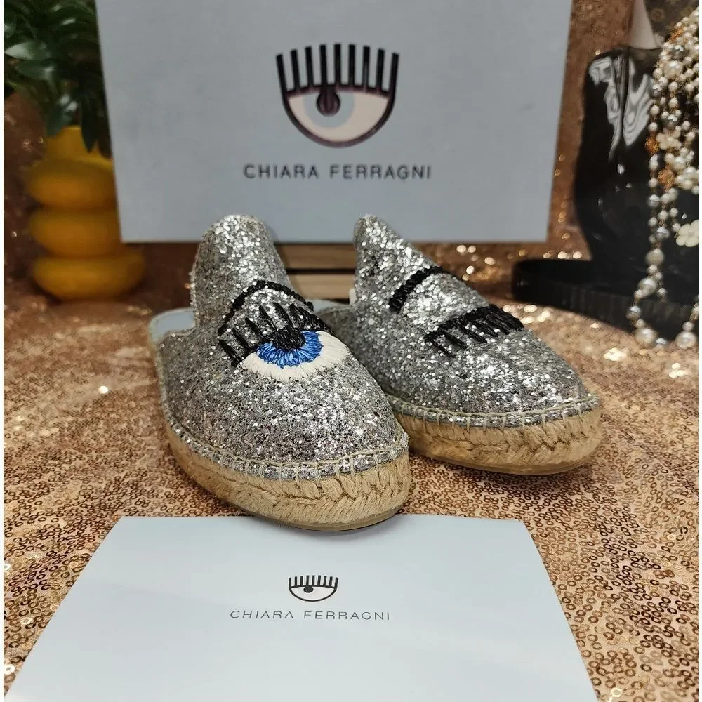 CHIARA FERRAGNI Glitter Espadrille Mules In Silver